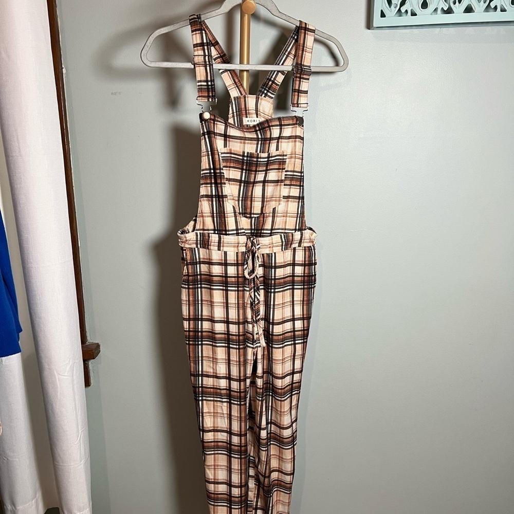 Kori Tan and Black Plaid Jumpsuit with Adjustable Straps